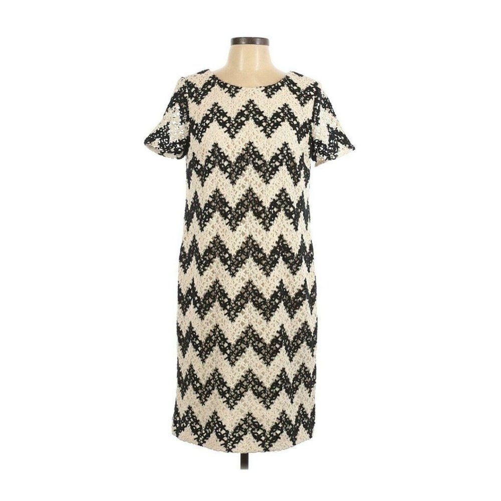 Talbots Crochet Lace Sheath Dress 10 Black Cream Chevron Lined Back Zipper New